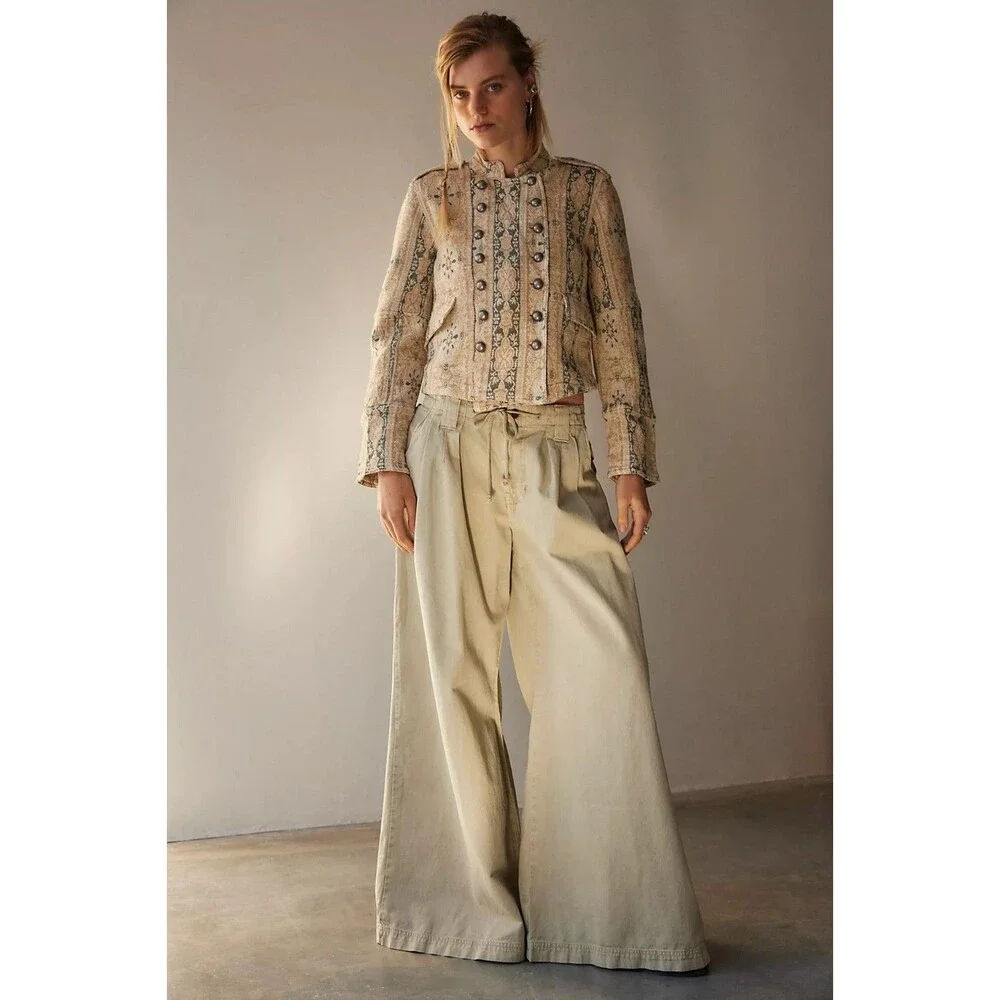 Free People Julien Wide-Leg Chino Trouser Pants Wide-Leg Cotton Zip XS 288477